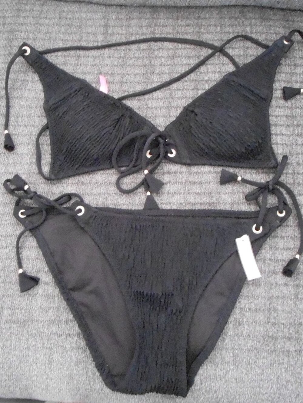 Victoria Secret Women's Black Ribbed 2 Pc Halter Top Bikini Bathing Suit Size-M